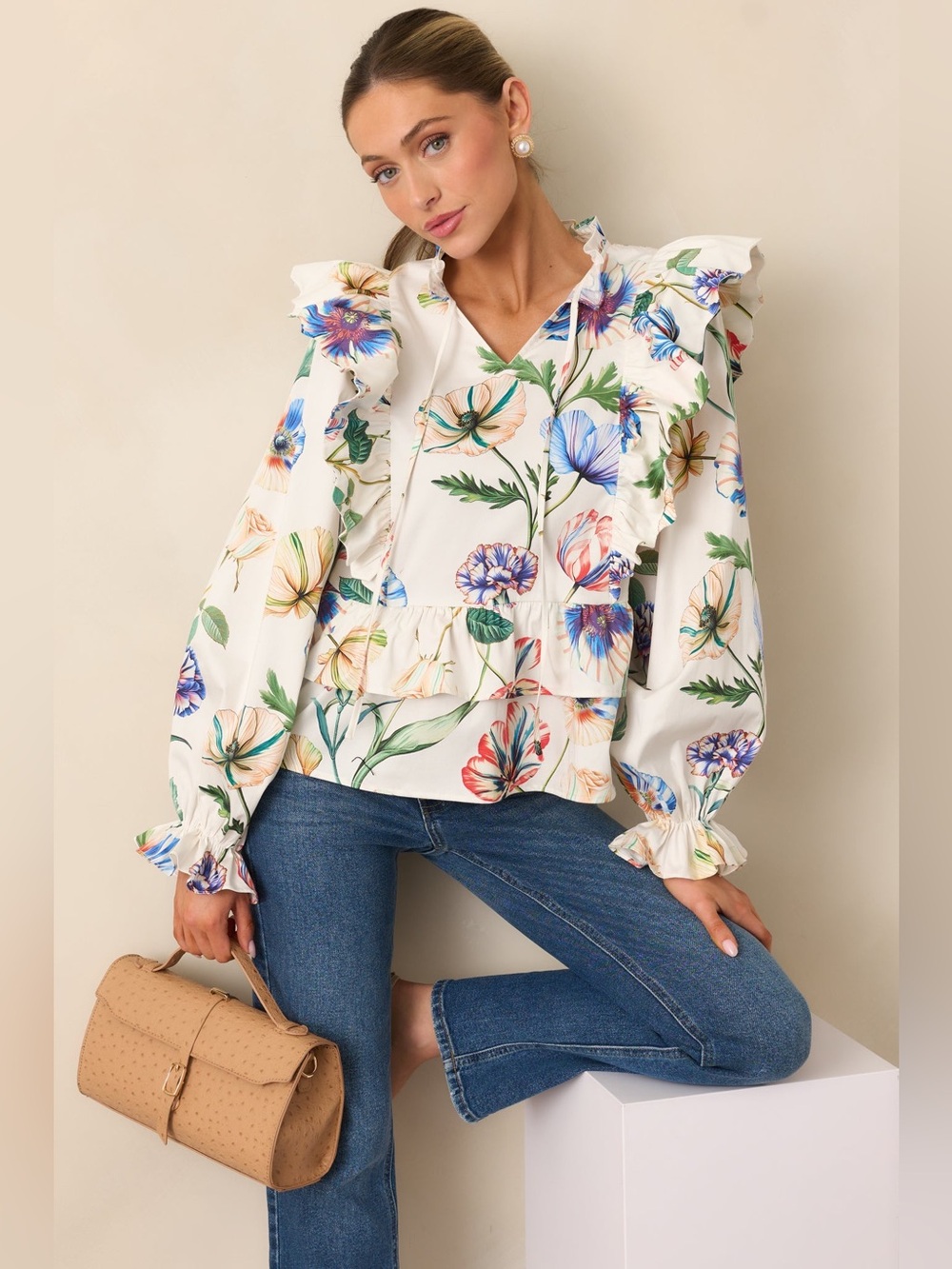 PROSPERINA FAYE IVORY MULTI FLORAL PRINT COTTON RUFFLE TOP NEW